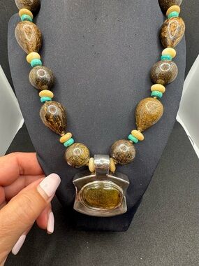 Handcrafted Amber-Tone Bead Necklace with Turquoise Accents